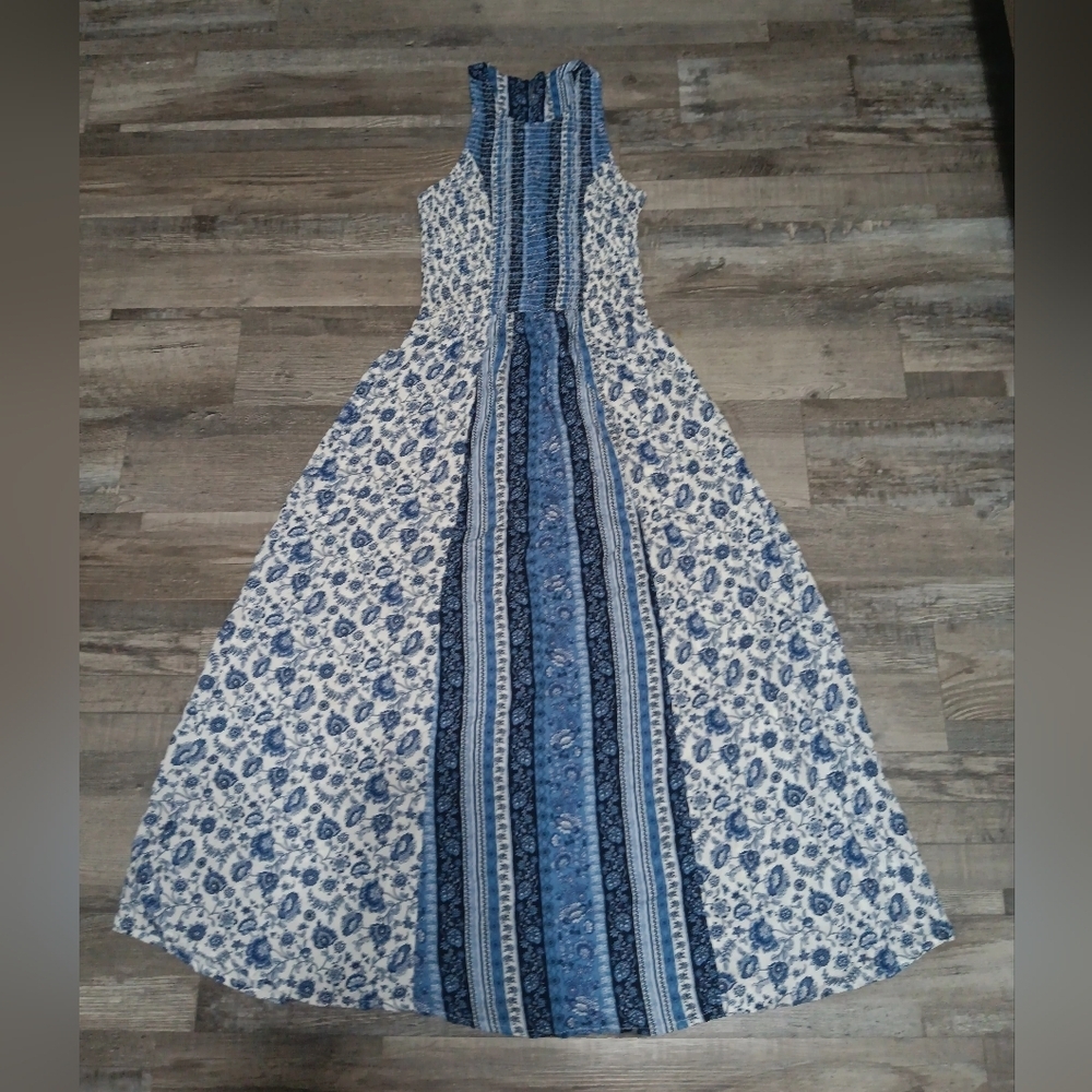 Summer floral maxi dress, rayon fabric, elastic at the top